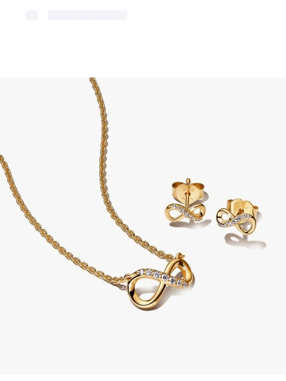 Pandora Gold Infinity Necklace and Matching Stud Earrings with Crystal Accents